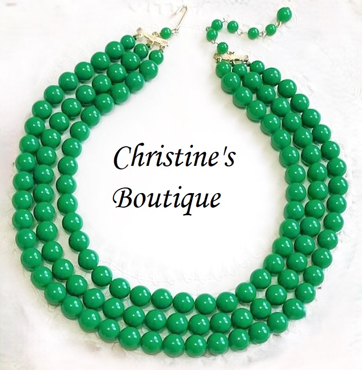 Green bead necklace, vintage necklace, multi strand necklace, signed Japan necklace