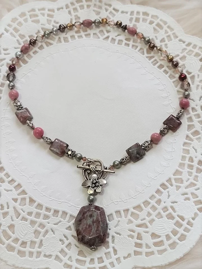 Jasper, Pink Rhondonite, Freshwater Pearl Necklace Set