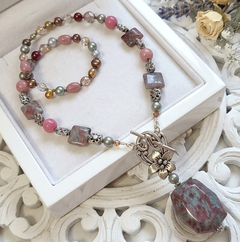 Gemstone Lariat Necklace with Jasper, Pink Rhondonite and Freshwater Pearls