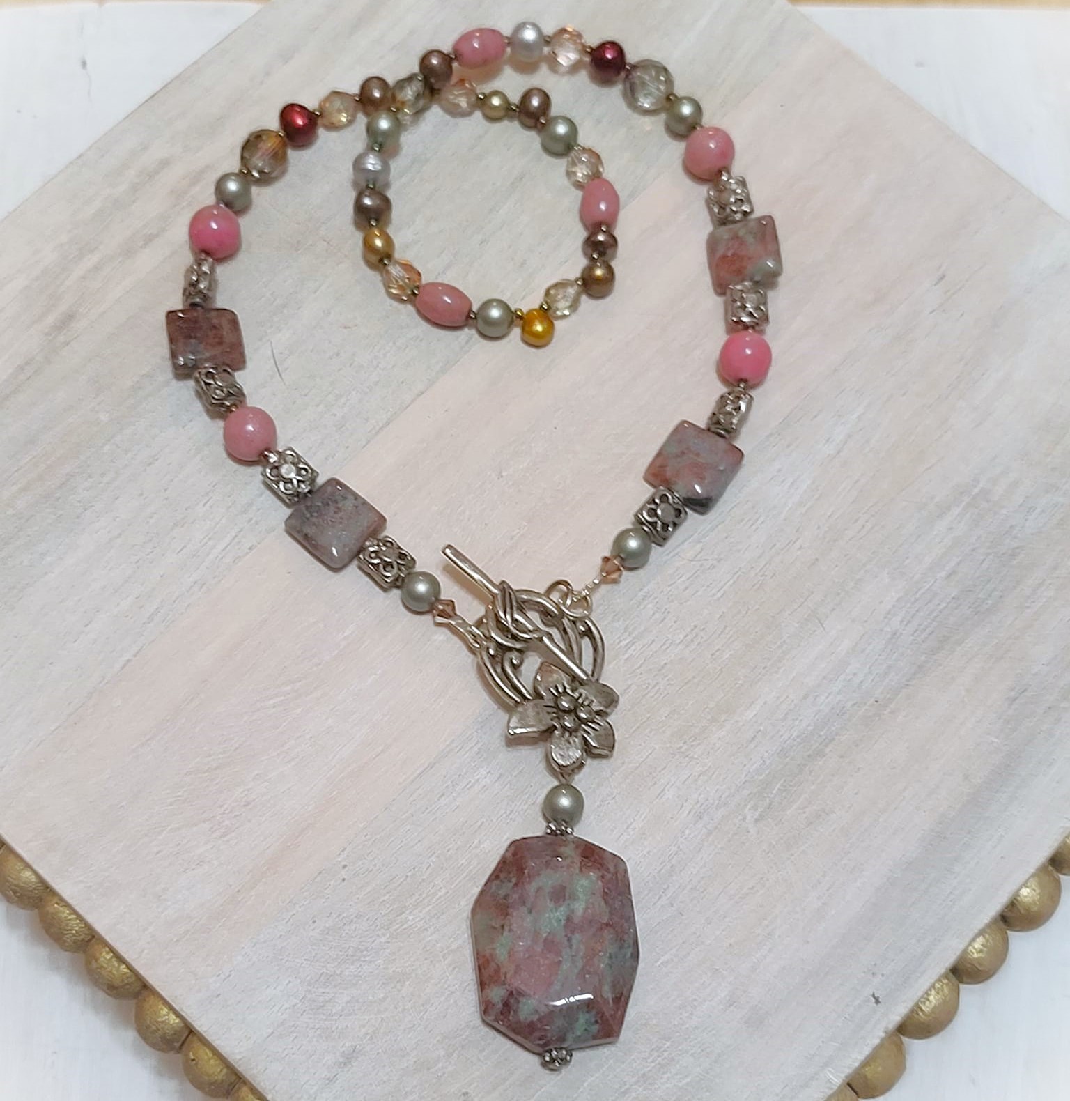 Jasper, Pink Rhondonite, Freshwater Pearl Necklace Set
