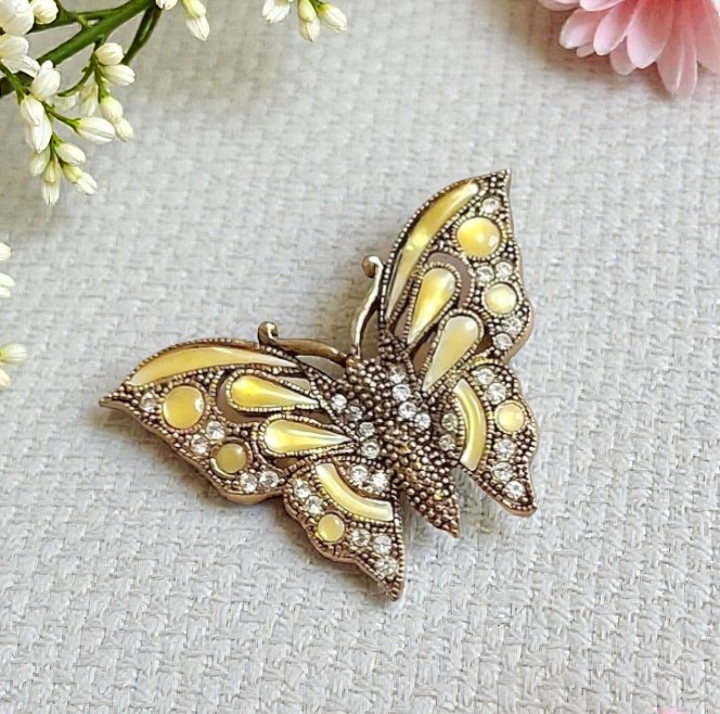 Butterfly pin, vintage pin with yellow pearlized enamel and rhinestones