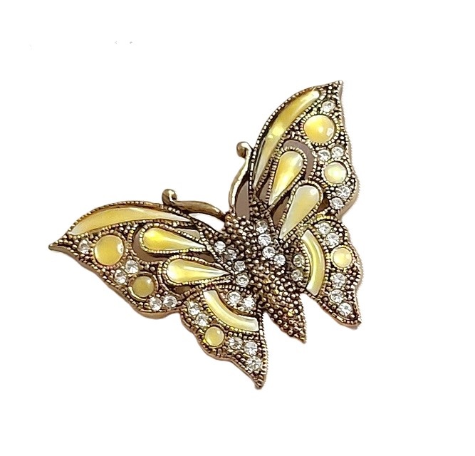 Butterfly pin, vintage pin with yellow pearlized enamel and rhinestones - Click Image to Close