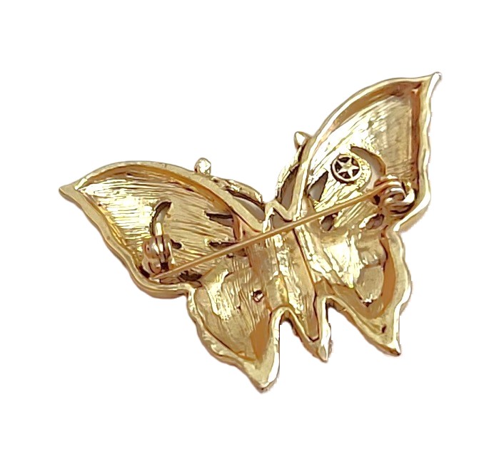 Butterfly pin, vintage pin with yellow pearlized enamel and rhinestones