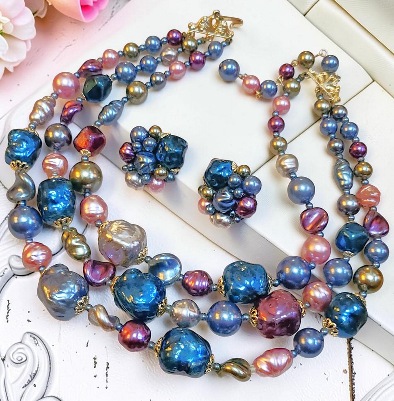 Metallic nugget bead vintage necklace and earrings blue and pink