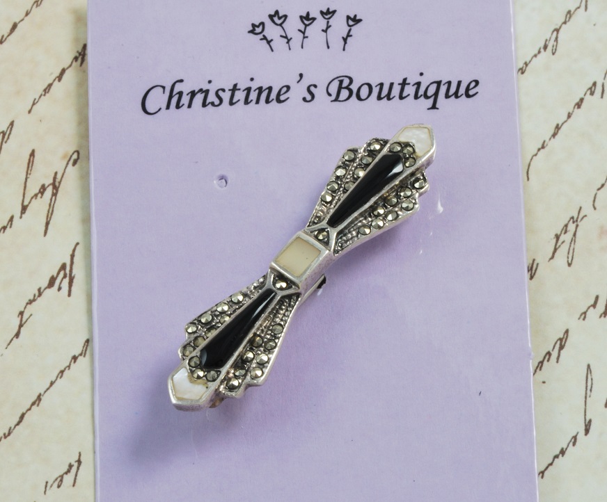 Art Deco Marcasite Pearlized and Black Onyx Sterling Silver Pin