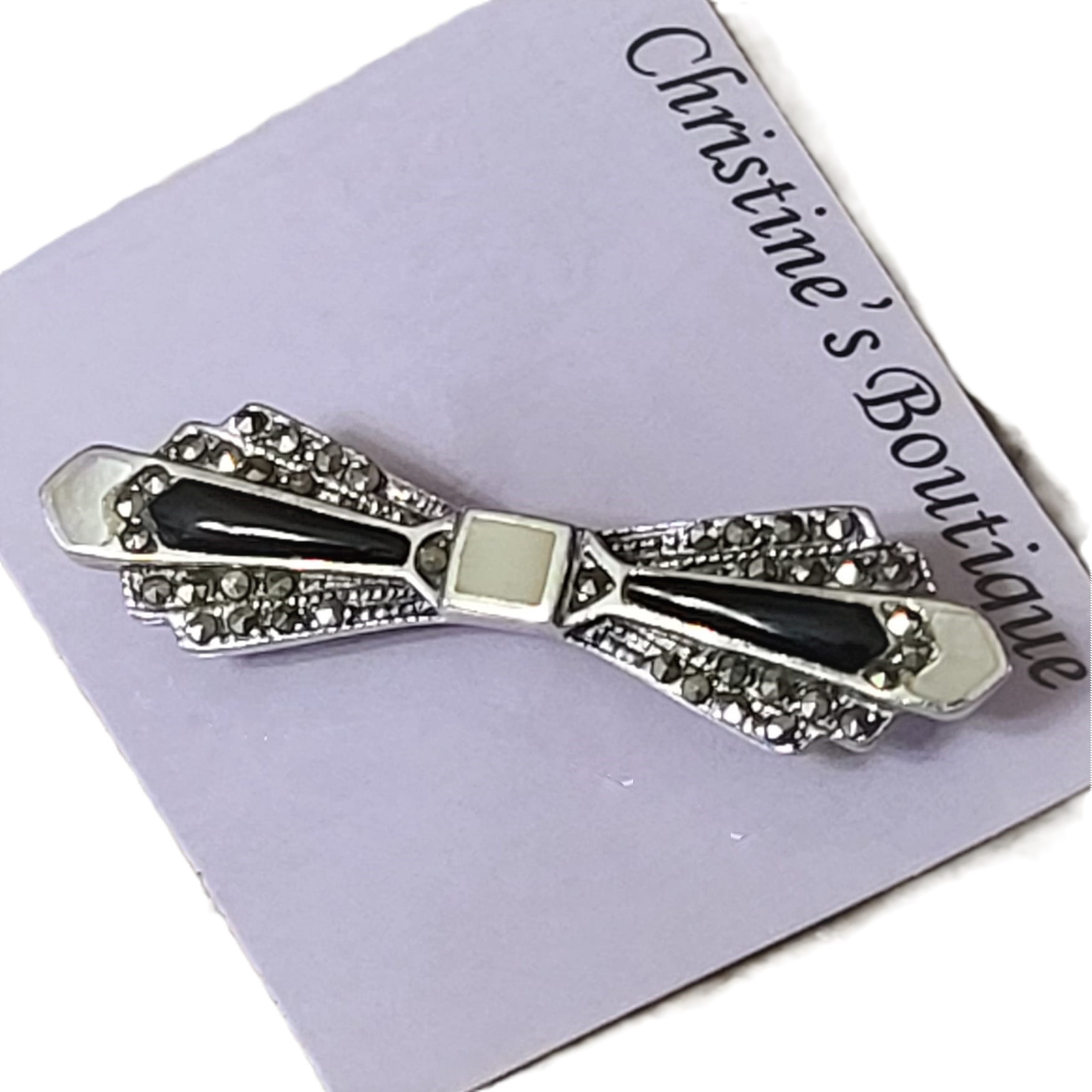 Art Deco Marcasite Pearlized and Black Onyx Sterling Silver Pin