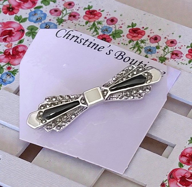 Art Deco Marcasite Pearlized and Black Onyx Sterling Silver Pin