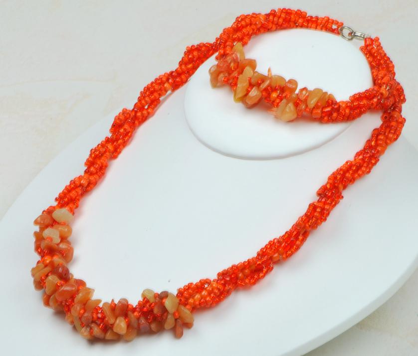 Twisted Carnelian Gemstones Glass Beads Necklace & Bracelet Set