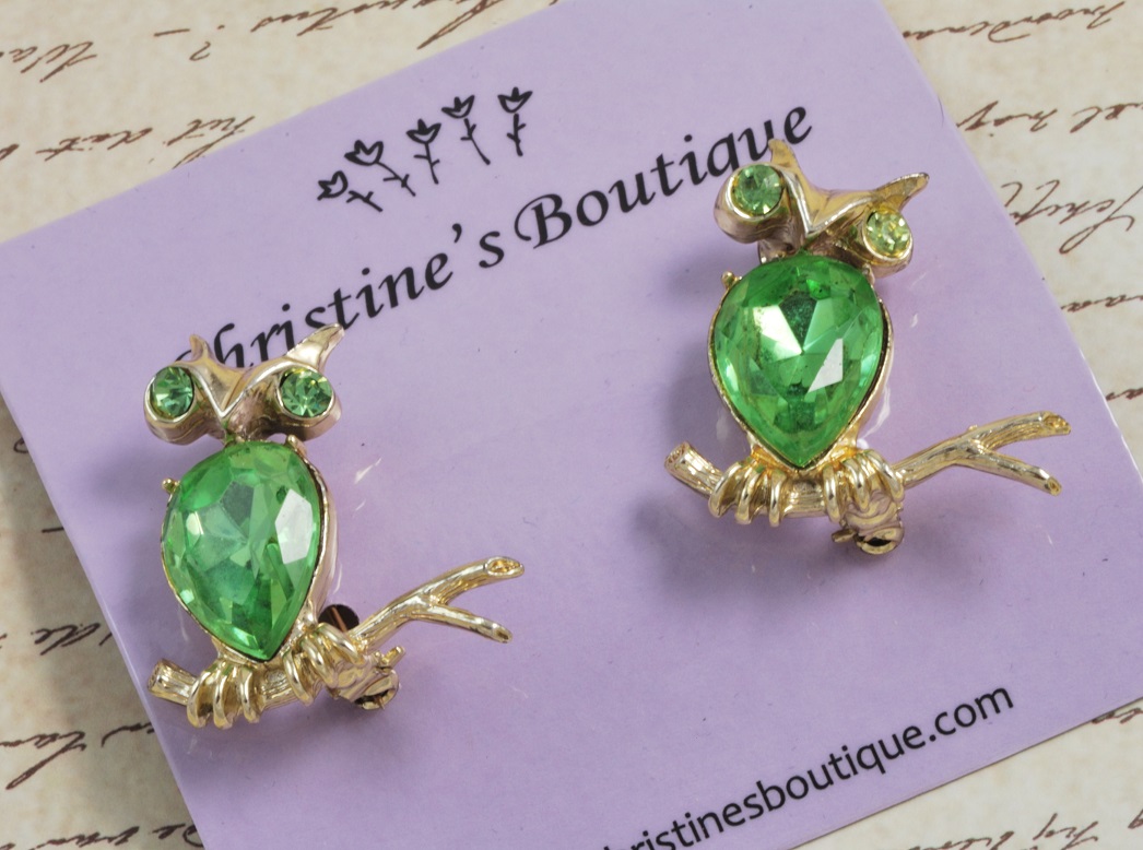 Green Rhinestone Set of Owl Scatter Pins