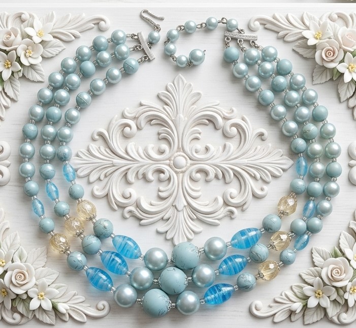 Light blue and light green hues vintage 3 strand beaded necklace