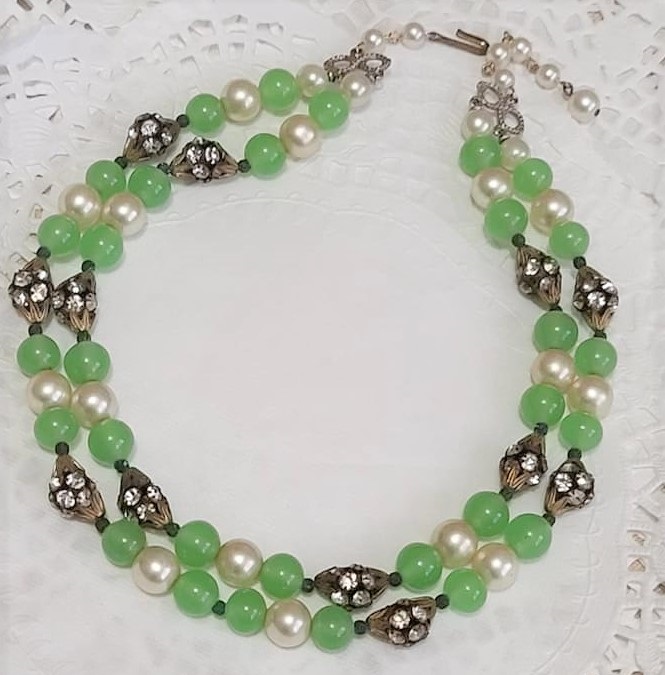 Green Glass, Pearls & Rhinestones 2 Strand Necklace