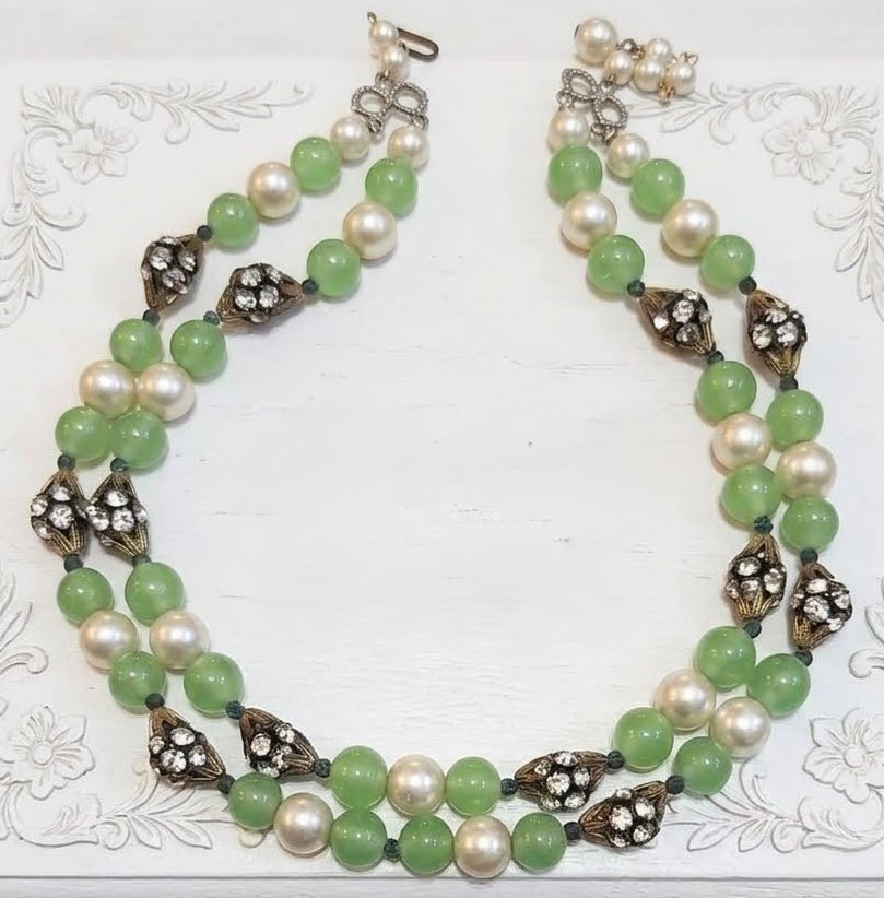 Green Glass, Pearls and Rhinestones 2 Strand Vintage Necklace