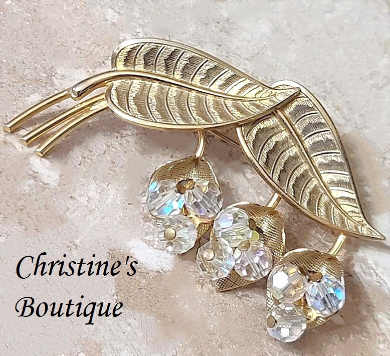 Goldtone Leaf Art Deco Design with Crystal Beads Pin - Click Image to Close