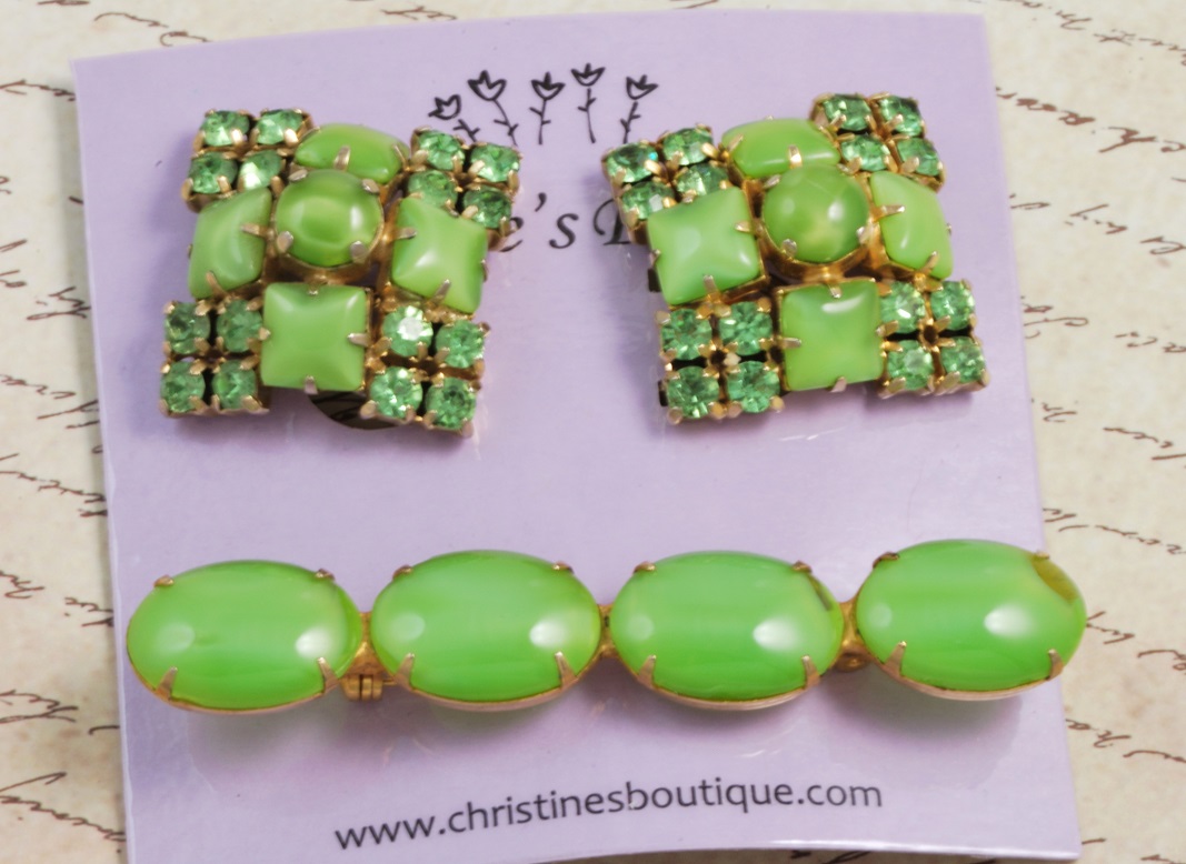 Green Rhinestone and Bead Pin and Clip Earrings Set