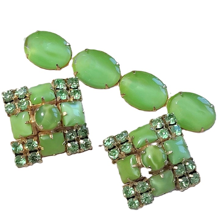 Green moonglow and rhinestone pin and clip on earrings set