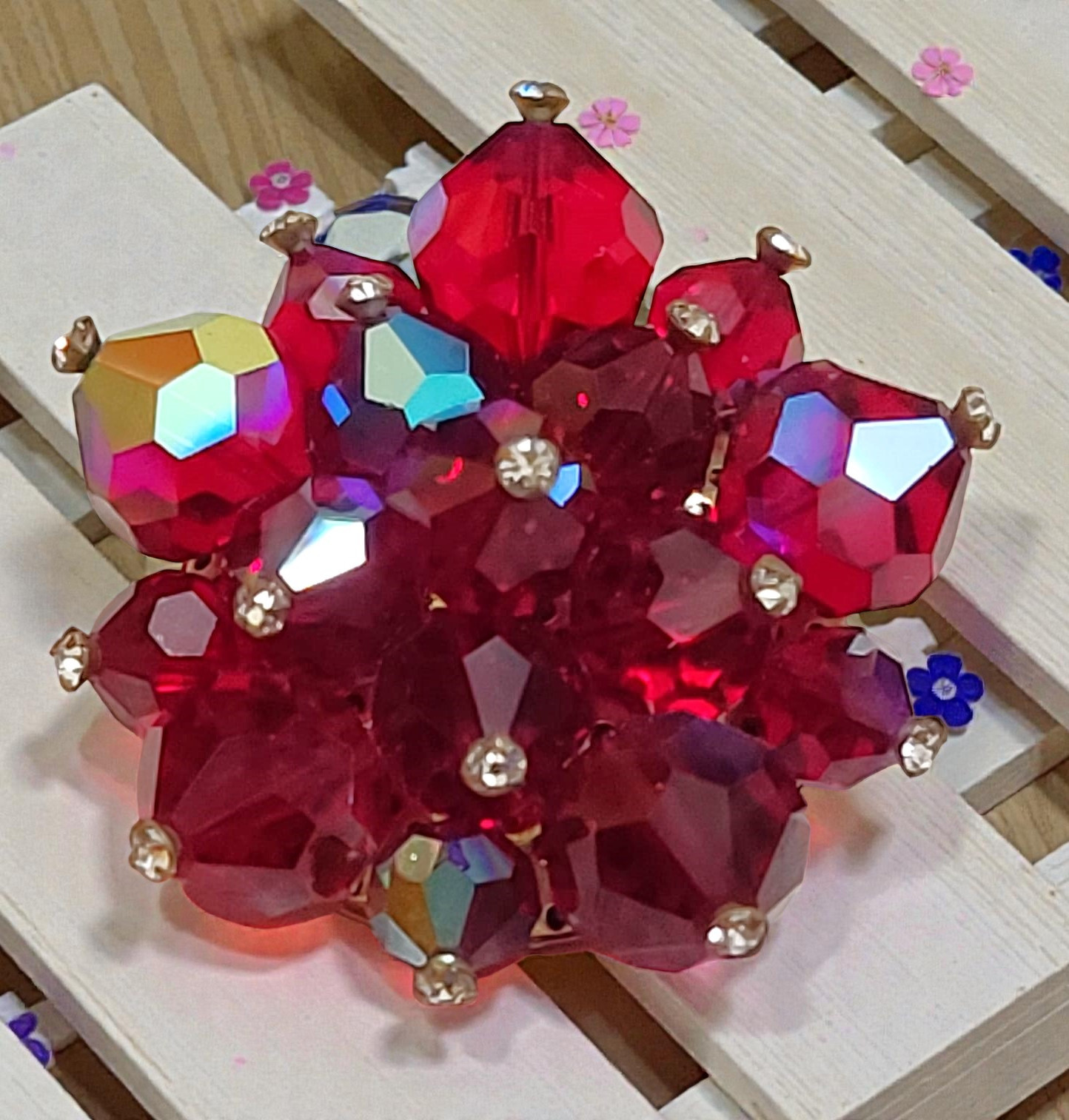 Vintage red carnival glass and rhinestones pin, brooch Vintage red carnival glass and rhinestones pin, brooch