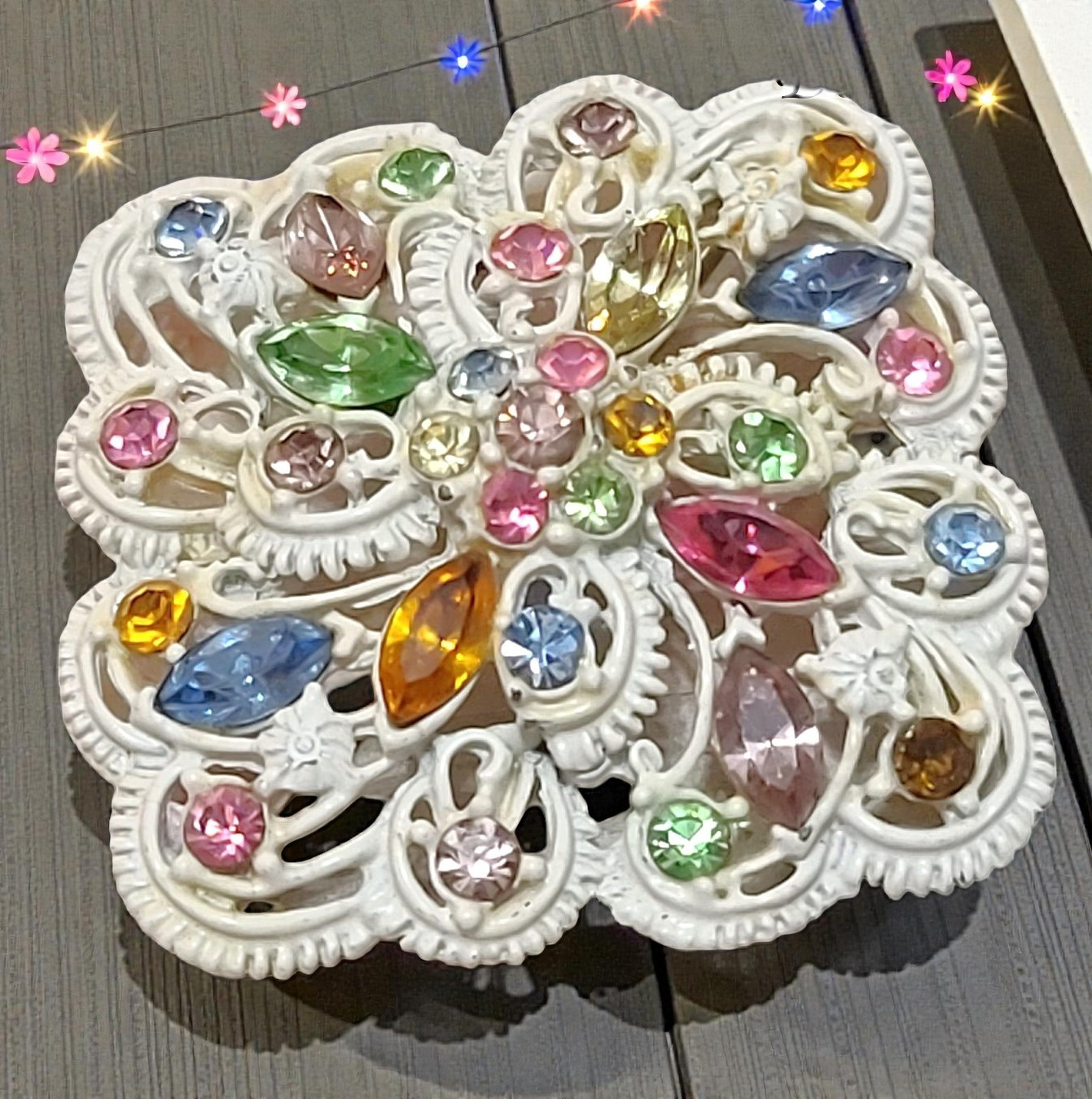 Pastel rhinestone brooch, pin, vintage, white metal with mutli color rhinestones Pastel rhinestone brooch, pin, vintage, white metal with mutli color rhinestones