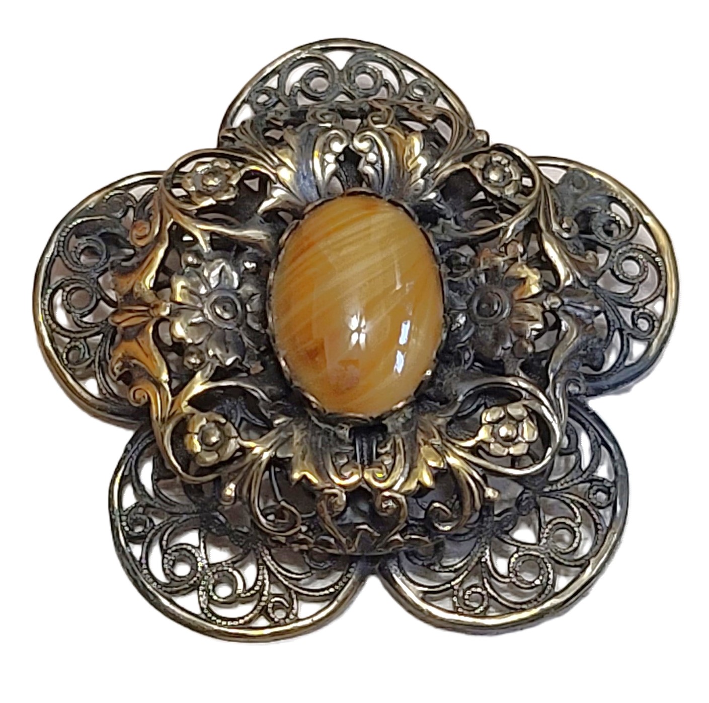 Vintage brass pin with butterscotch cabachon center, filigre design - Click Image to Close