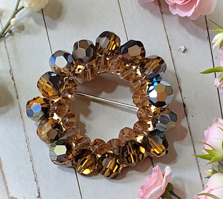 Topaz Carnival Glass Beaded Circle Pin