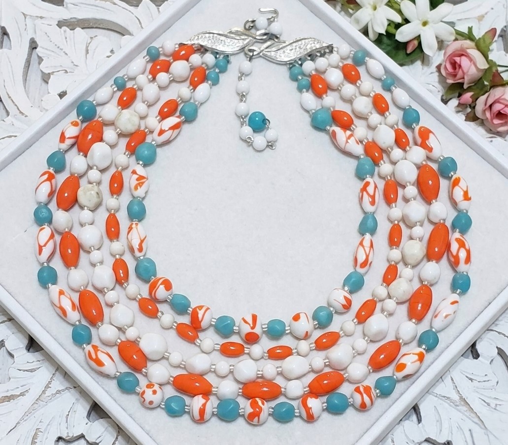 Vintage 5 Strand Glass Choker Necklace in Turquoise, Coral and White