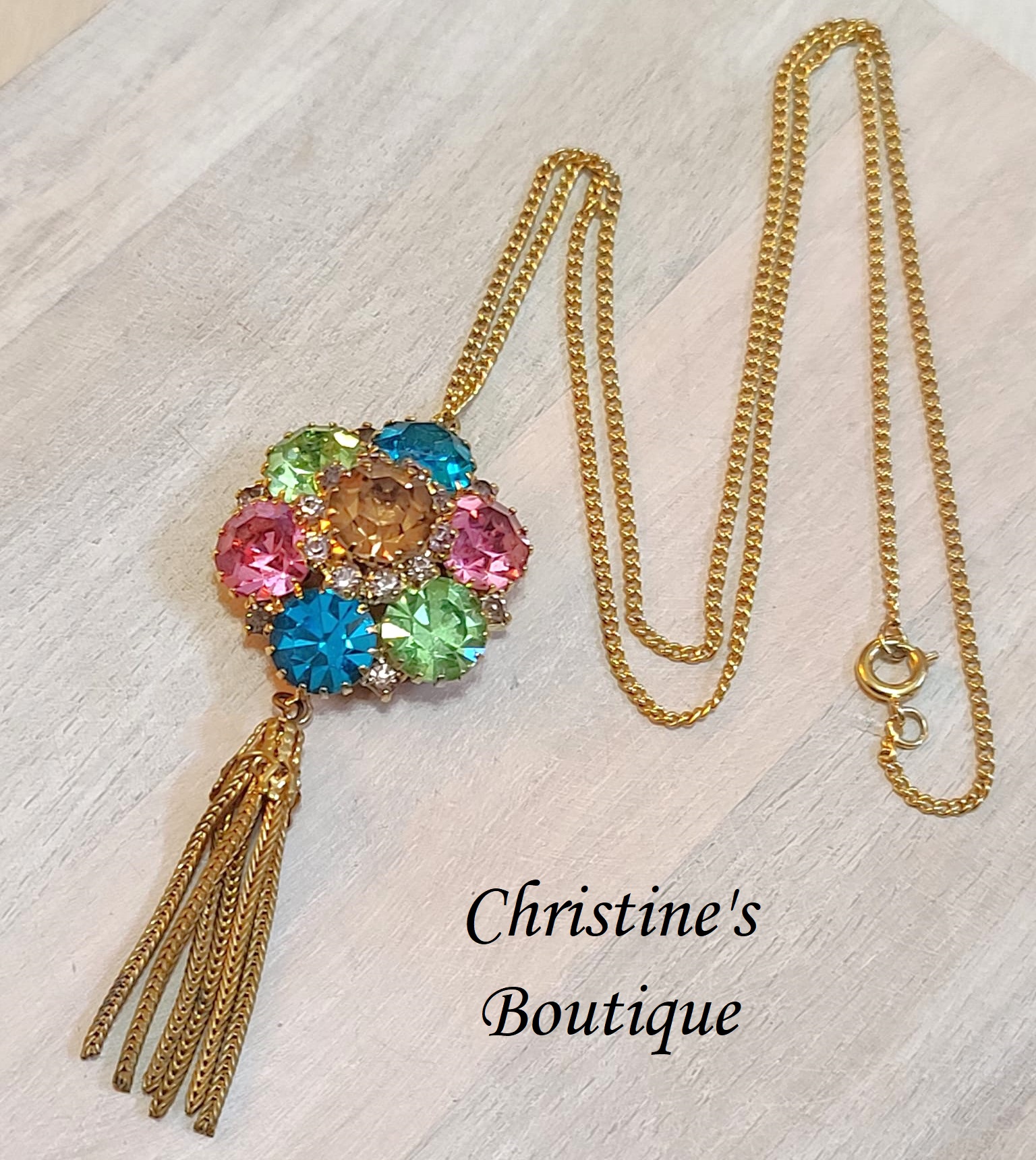 Rhinestone pendant lariat, vintage necklac, multi color rhinestones, with tassel - Click Image to Close