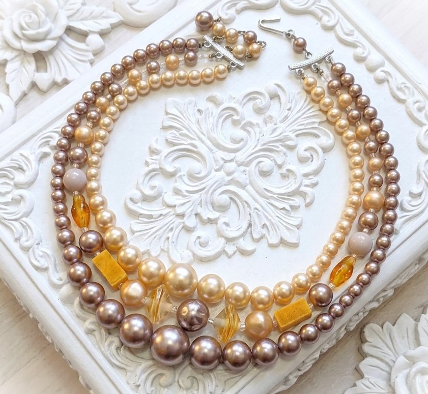 Orange and Pearly Gray Hues 3 Row Vintage Necklace