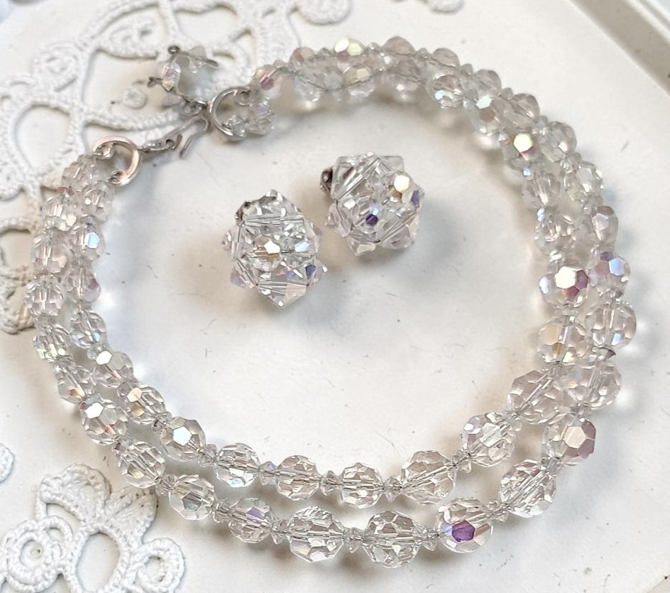 Crystal 2 strand vintage choker style necklace and clip ons