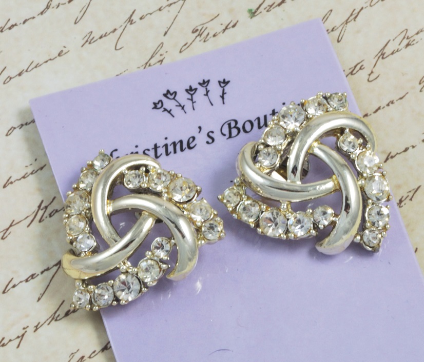 Rhinestone Pinwheel Clip Earrings Signed Charel