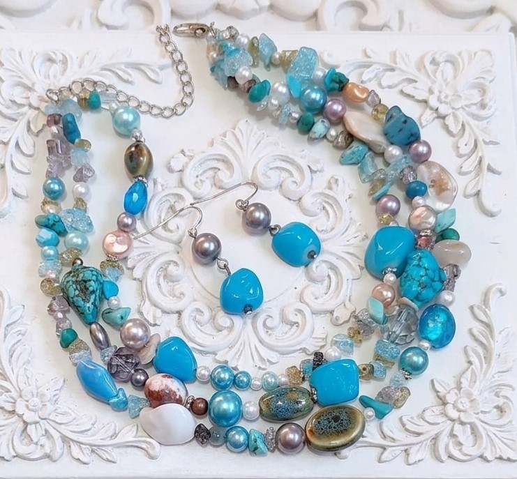 3 Strand Necklace with Turquoise Howlite, Glass and Ceramic Beads