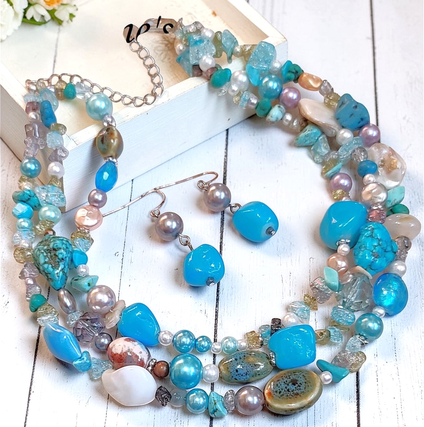 3 Strand Necklace with Turquoise Howlite, Glass and Ceramic Beads 3 Strand Necklace with Turquoise Howlite, Glass and Ceramic Beads