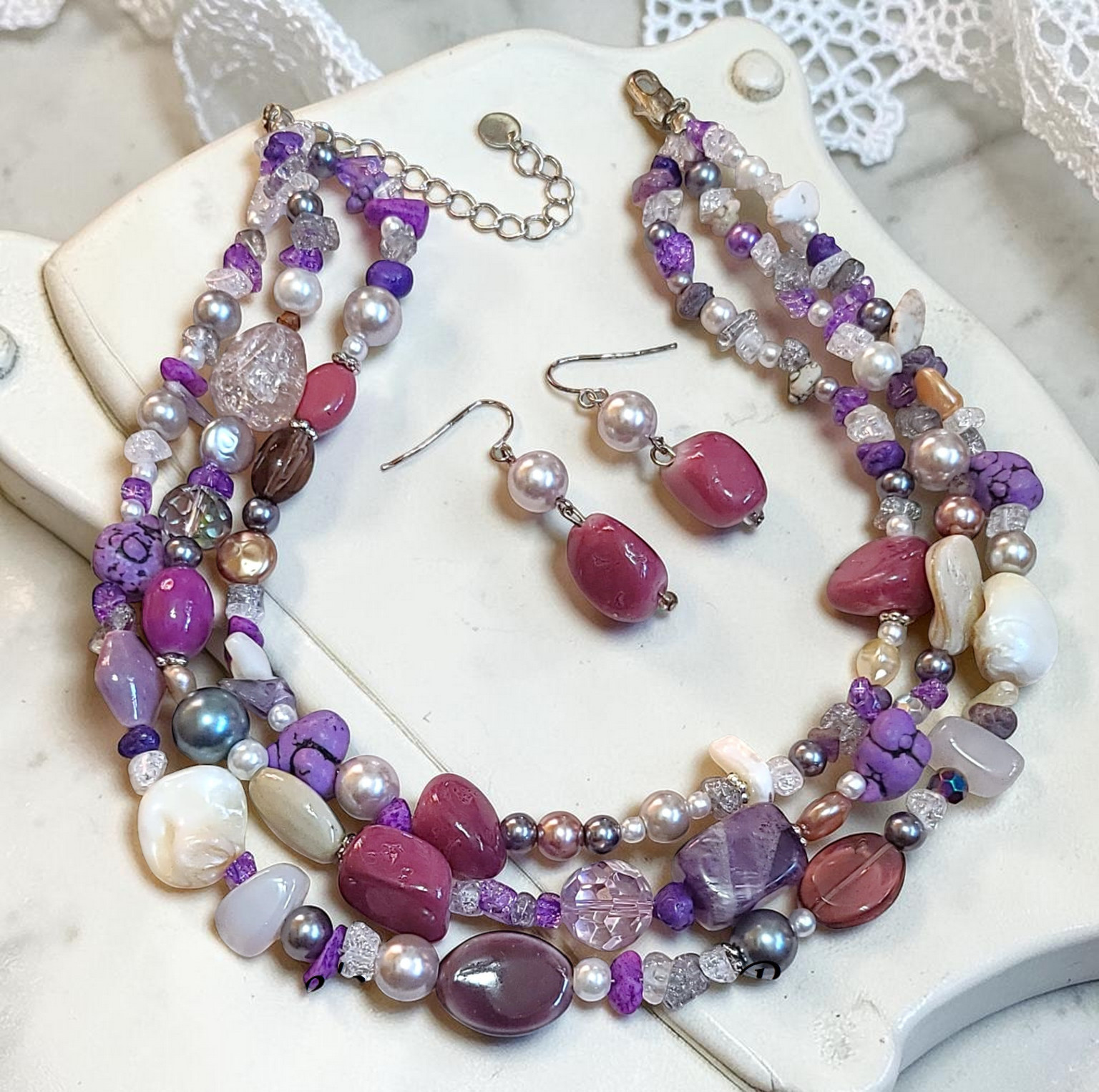 3 strand amethyst, glass and pearl gem necklace and earrings