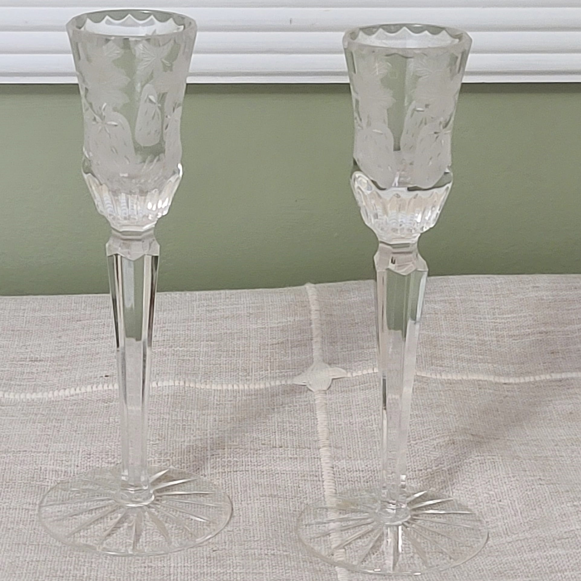 Cut Crystal Strawbery Pattern Long Stem Candle holders - Click Image to Close
