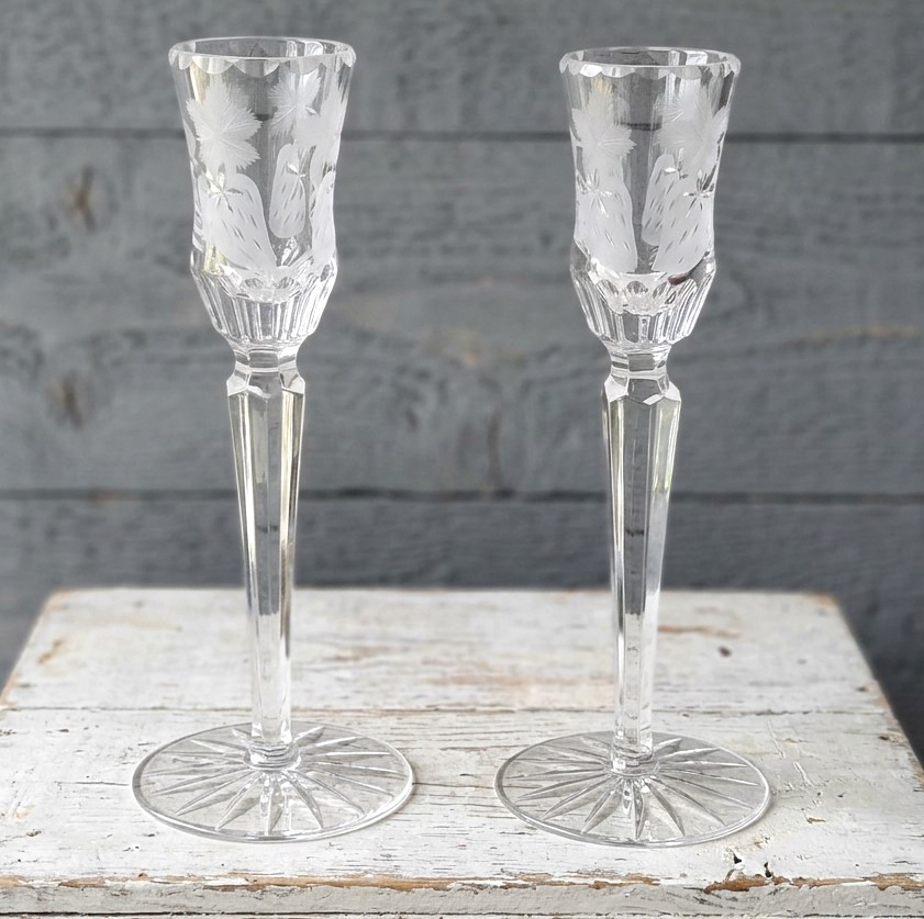 Vintage Etched Crystal Long Stem Candle Votives - Strawbery Pattern - Set of 2