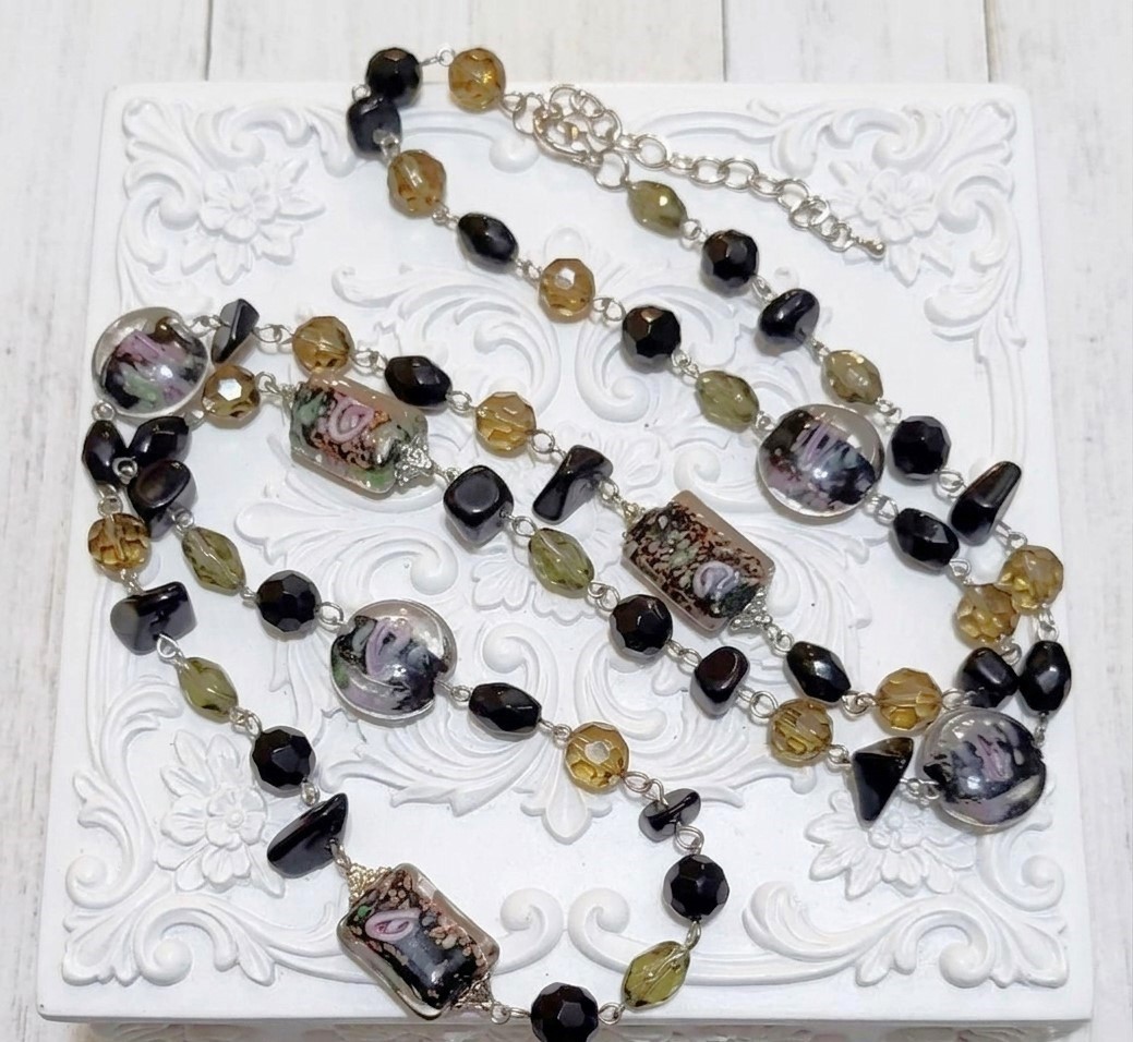 Black murano glass bead long necklace