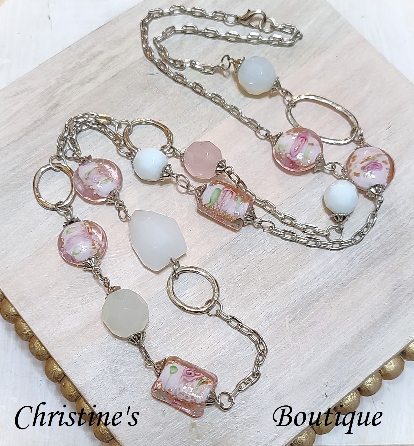 Pink murano glass & white quartz gemstone long necklace - Click Image to Close