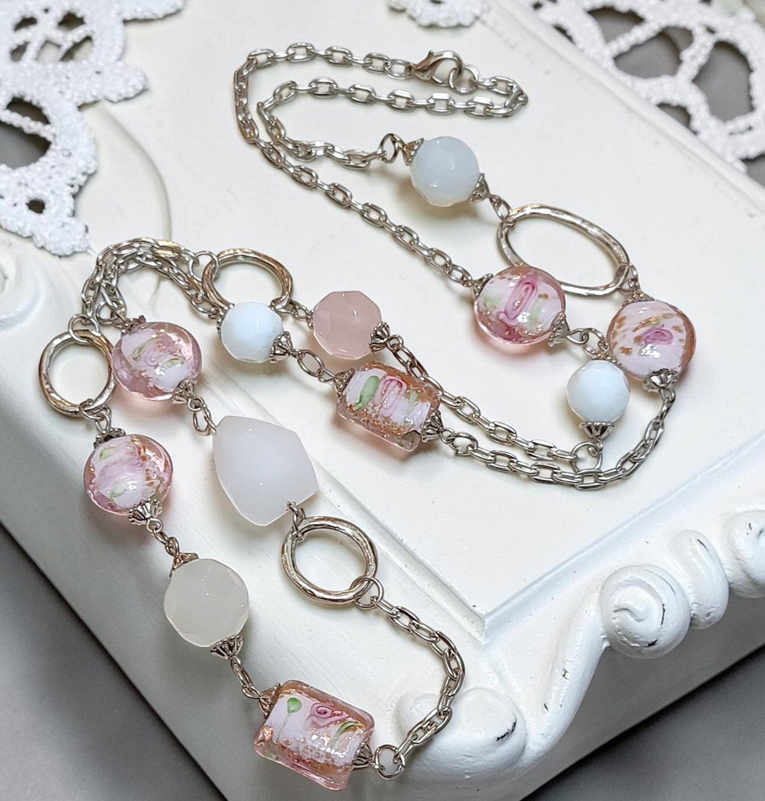 Pink murano glass & white quartz gemstone long necklace