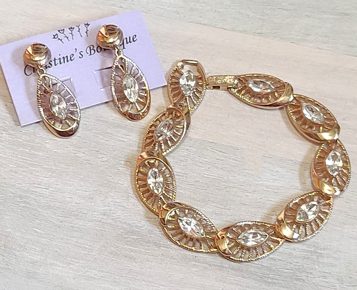 Rhinestone link bracelet and clip on earrings set, vintage rhinestone set, goldtone