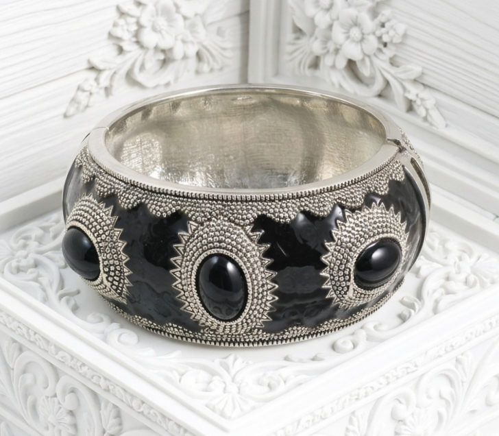 Enamel and Silvertone Clamp Bracelet