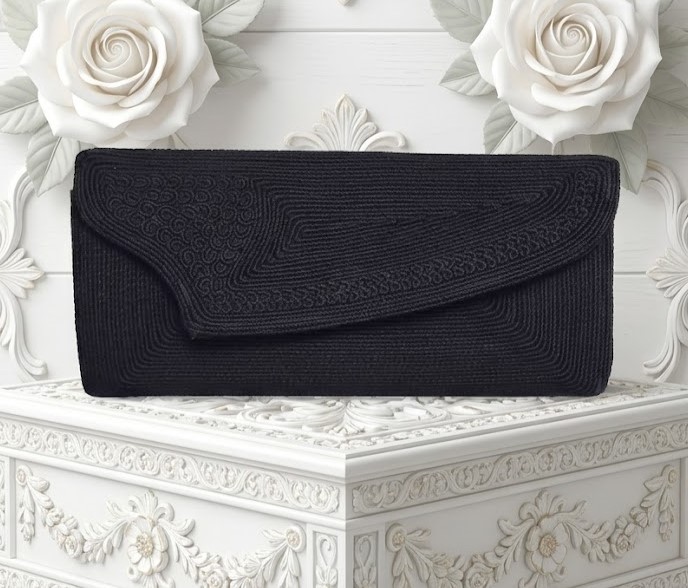 Cord design black clutch bag, vintage clutch style purse, black cording