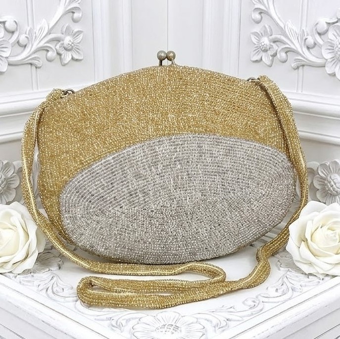 Walborg purse, vintage purse, gold and silver beaded purse, two gold and silver beading