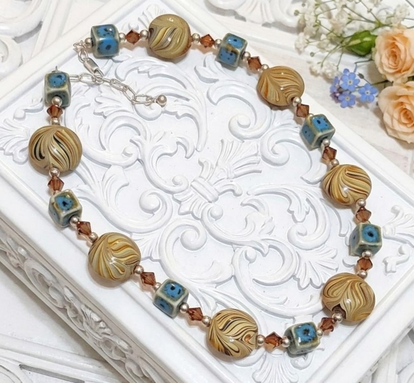 Swirl glass beads, ceramic and austrian crystals, handrafted, sterling silver chain and clasp