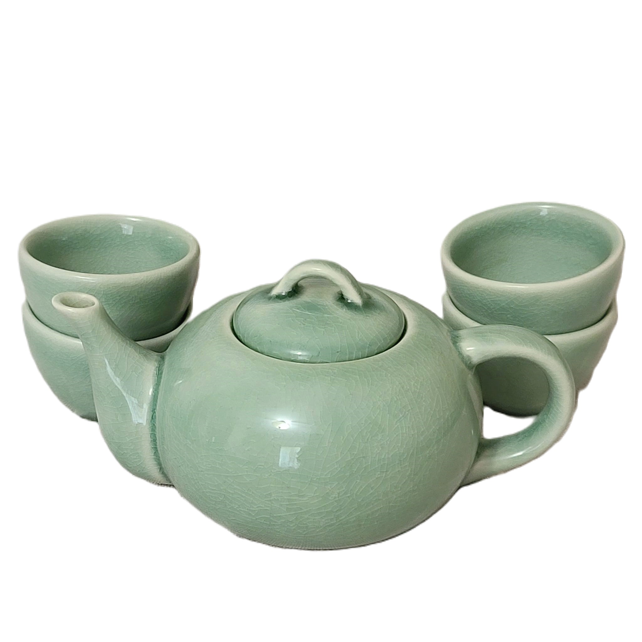 Japanese Tea Pot & Cups Green Crackle Pottery Set - Click Image to Close