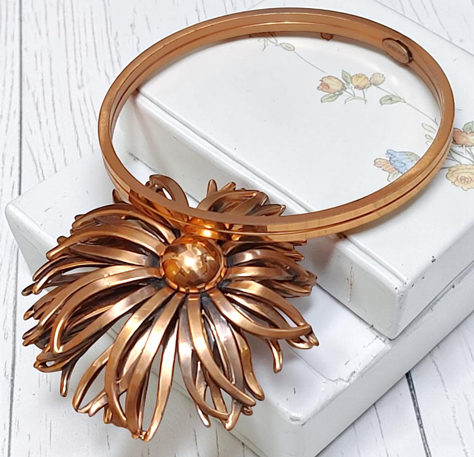 Copper bangle bracelet and flower pin, vintage set, signed Renoir