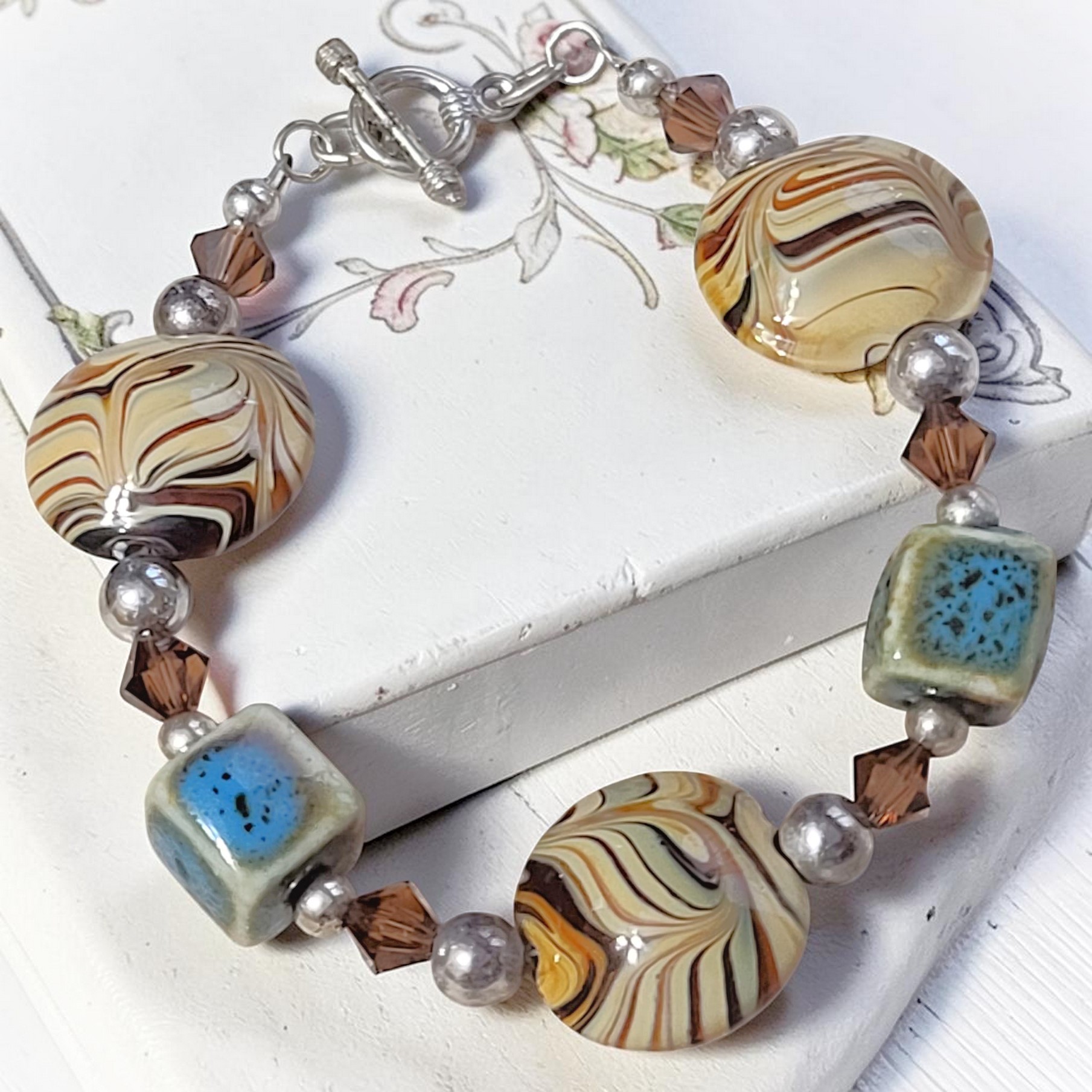 Swirl Glass, Austrian Crystals & Ceramic Bracelet