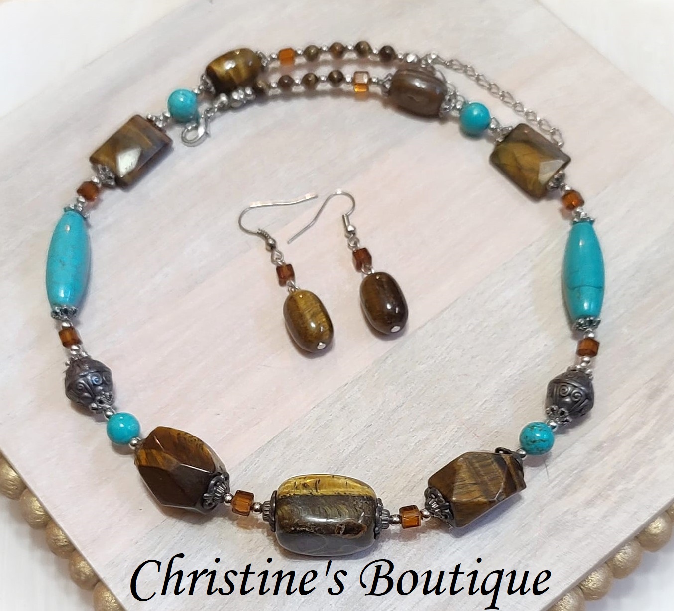 Tiger Eye and Turquoise Gemstone w/ Bali Bead Neckace & Earrings - Click Image to Close