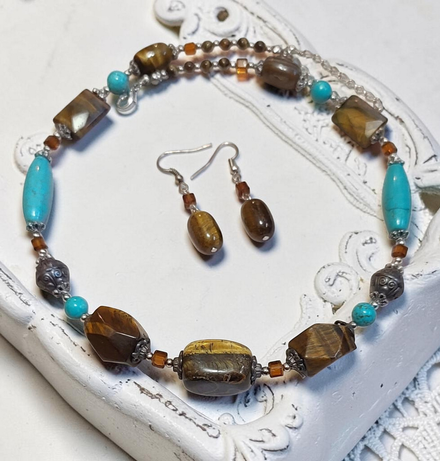 Tiger Eye and Turquoise Gemstone w/ Bali Bead Neckace & Earrings