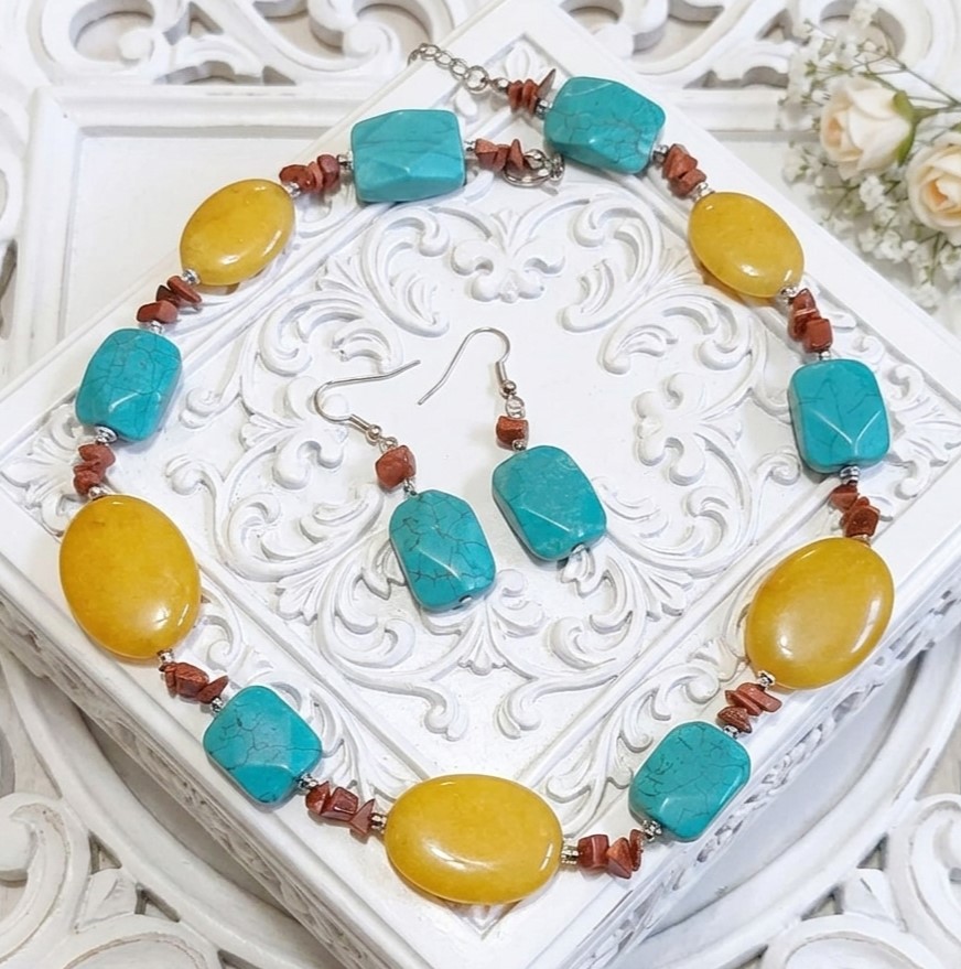 Turquoise, Goldstone & Carnelian Gemstone Necklace & Earrings