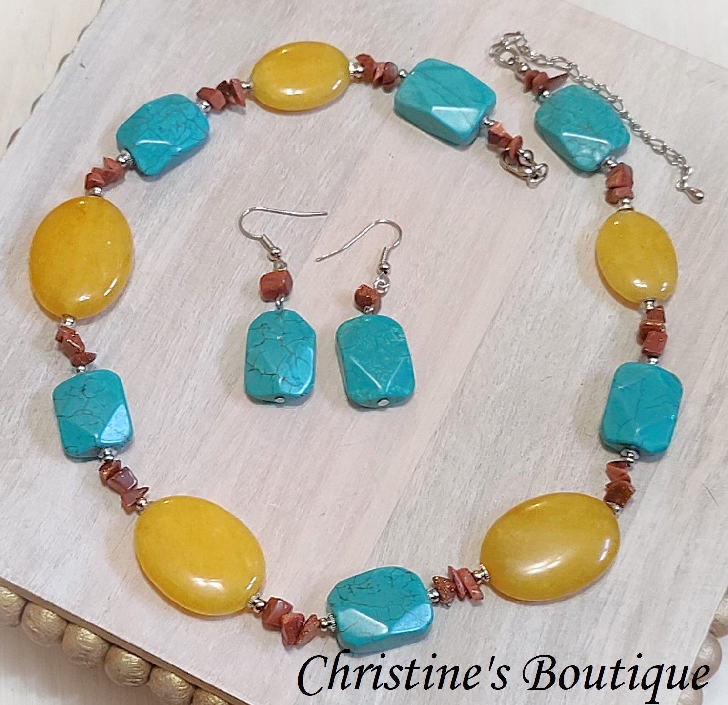 Turquoise, Goldstone & Carnelian Gemstone Necklace & Earrings - Click Image to Close