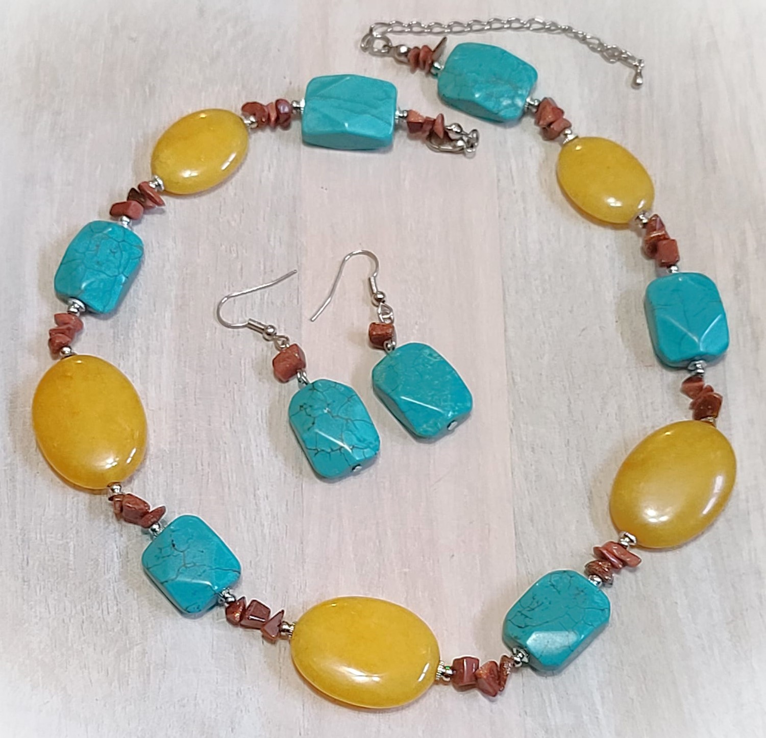 Turquoise, Goldstone & Carnelian Gemstone Necklace & Earrings