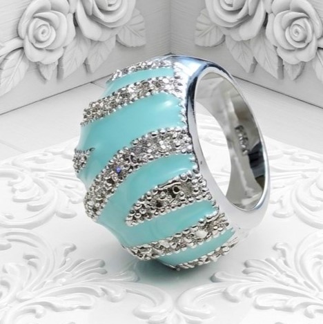 Blue Enamel and White CZ Rhondium Plated Dome Ring Size 7
